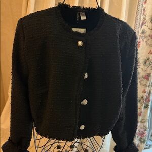 Divided Black Textured Pearl-Button Cropped Jacket